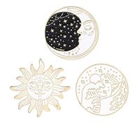 3 pines creativos de sol, luna y estrella, pin de solapa de escena nocturna de montaña, insignias de botón de aceite de pintura vintage, accesorio para mochila, ropa, sombrero, talla única, metal, sin