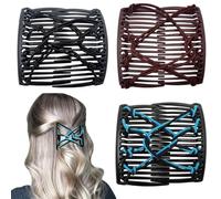 3 pinzas elásticas de doble peine para el cabello, peinetas laterales mágicas para mujer, con cuentas de madera elásticas, accesorios para el cabello rizado grueso y ondulado (negro, azul, marrón)