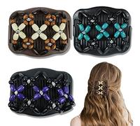 3 pinzas elásticas de doble peine para el cabello, peinetas laterales mágicas para mujer, con cuentas de madera, accesorios para el cabello rizado y grueso ondulado (morado, azul, blanco)