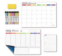 3 Pizarra Magnética Nevera - A3 Planificador Mensual & Semanal + A5 Pizarra Calendario - Planificador con 8 Rotuladores & 1 Borrador - para Nevera, Puerta de Hierro, Lavadora & Pared Pizarra Magnética