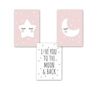 3 Póster Lienzo Dormitorio 30 x 40cm Cuadros Infantiles para Habitación Niña Luna Estrella Rosa Láminas Decorativas para Enmarcar Bebe Love You to the Moon and Back Art Regalos Ninas sin Marco
