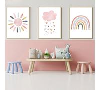 3 Poster Nordico Laminas Arco Iris Sol Nube Cuadros Rosa y Gris Decoracion Pared Habitacion Bebe Niña Lienzo Infantil Regalo sin Marco 30 x 40 cm