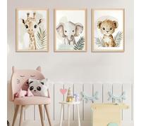 3 Pósteres Laminas Infantiles de Animales Decoracion Habitacion Bebe Cuadros Infantiles Incluyendo Elefante, Jirafa y León Arte de Pared Moderno, Seguro e Inodoro, Sin Marco (20 X 30 cm)