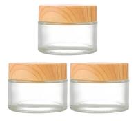 3 recipientes de cosméticos recargables, tarros de vidrio de 50 g con tapas de madera, tarros redondos de muestra para crema para viajes, botellas transparentes portátiles, 4,6 x 5,6 cm