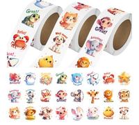 3 Rollen Tieraufkleber para niños, 1500 piezas de pegatinas para niños para pequeños de 2-4 años, 24 diseños Granja/Océano/Salvaje Pegatinas lindas con palabras de motivación (1,0 pulgada)