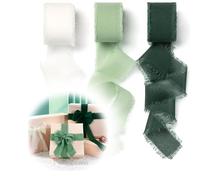 3 Rollos Cinta de Gasa Cinta de Regalo,4CM x 5M de Ancho Tela con Flecos, de Seda, DIY Hecha a Mano para Decoración Cajas Flores Boda Navidad Invitaciones de Festivales, Manualidades - Verde