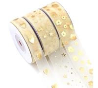 3 Rollos de 9 Metros Cinta de Regalo Dorada, Cinta de Satén Impresa de Corazón Estrellas y Margaritas Cinta de Organza Dorado Cinta de Regalo de Hilo de Nieve