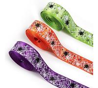 3 rollos de cinta de Halloween con borde de alambre, cinta de telaraña de 15 yardas, cintas decorativas coloridas de Halloween para manualidades, coronas, festivales, decoración de fiestas en el hogar