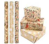 3 rollos de papel de regalo de Navidad, rollo grande de 43 cm x 3 m para regalos de Navidad con alce petirrojo y copo de nieve, papel kraft reciclable de Navidad para cajas de Navidad, envoltura de
