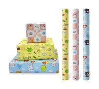 3 rollos de papel para envolver regalos de cumpleaños de 43 cm x 3 m, impreso con varios animales pequeños, adecuado para la decoración de regalos de cumpleaños de niños y niñas