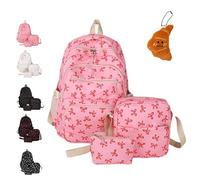 3 Set Bow Backpack for Girls, 3-Piece Bow Design Backpack Set, Preppy Primary Secondary Book Bag with Cross-body Bag and Small Pouch (Rose Red)