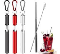 3 Set Pajitas de Beber Telescópicas de Acero Inoxidable, Pajitas de Acero Inoxidable Reutilizables, Pajitas Portátiles de Metal para Beber con Cepillo de Limpieza y Caja Metálica (10-22,5cm)