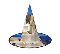 3 sombreros de Halloween - Bruja Santorini isla griega vista mar impresión fiesta de disfraces, mujeres hombres, gorro de cuerno puntiagudo, luz para Pascua festiva