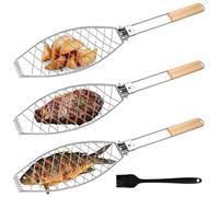 3 soportes para barbacoa de pescado con mango de madera, 63 x 12 cm, asador de pescado grande con mango de metal, pinzas para barbacoa y barbacoa