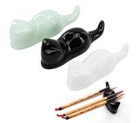 3 soportes para pinceles de pintura, soporte con forma de gato para pintura china, palillos, pinceles Sumi y caligrafía, suministros de arte oriental de cerámica de porcelana (negro, blanco, verde)