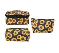3-Teiliges Sonnenblumen-Make-up-Taschen-Set, Reise-Toilettenartikel-Tasche mit goldener Zipper, Kosmetiktäschchen für Damen, Aufbewahrungskoffer aus PU-Leder in Mehreren Größen für