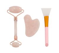Intirilife Set de 3 masaje facial Gua Sha y rodillo facial de cuarzo rosa natural - Gua Sha 8 x 5.4 cm - Rodillo 14 x 5.8 cm - Aplicable en caliente y frío cuidado de la piel para el rostro y los ojos