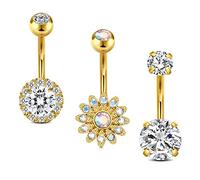 3 uds barras doradas para el vientre 10mm acero inoxidable ombligo anillos flor CZ cristal Piercing joyería