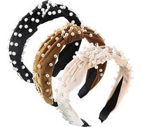 3 Unidades Perlas Diadema pelo Ancho aro Terciopelo Perlas Diadema Vintage Twisted Headwear para Niña Mujer Accesorios para el Cabello (Negro, Dorado, Beige)