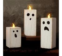 3 Velas LED Halloween, Portavelas Fantasmas de Madera, Velas Decorativas, Halloween Decoracion Mesa