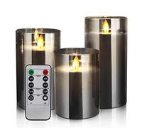 3 Velas LED Velas Sin llama 4" 5" 6", Luz de Decorativas Velas Funcionan con Pilas Pilares de Vidrio Gris Realista Mecha Parpadeante Efecto llama, Velas Electrica con Control Remoto Temporizador