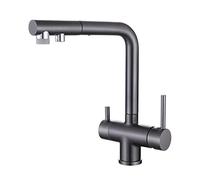 3 Way Faucet Kitchen Extendable with Shower, Kitchen Faucet Brass Rotatable Water Cold and Hot Multifunction Drinking Water Faucet Kitchen, Grey