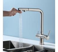 3 Way Kitchen Faucet Pull out Brass 360° Swivel 2 Handles Kitchen Sink Faucet-Brushed