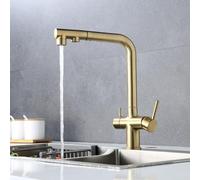 3 Way Kitchen Faucet Pull out Brass 360° Swivel 2 Handles Kitchen Sink Faucet-Brushed Gold