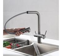 3 Way Kitchen Faucet Pull out Brass 360° Swivel 2 Handles Kitchen Sink Faucet-Grey