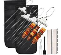 3-Way Stainless Steel BBQ Skewers, 3-Prong Kebab Skewers with Push Bar Slider, Reusable Meat Fork for BBQ, Chicken Sausages and Veggie Sticks,Dishwasher Safe Barbecue Accessorie (4Pcs)