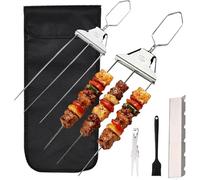 3-Way Stainless Steel BBQ Skewers, 3-Prong Kebab Skewers with Push Bar Slider, Reusable Meat Fork for BBQ, Chicken Sausages and Veggie Sticks,Dishwasher Safe Barbecue Accessorie (2Pcs)