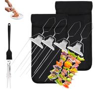 3 Way Stainless Steel BBQ Skewers, Reusable 3-Prong BBQ Skewers Kit with Smooth Push Bar Slider, BBQ Forks Multi for Kebabs,Chicken Sausages, Meat and Veggies, Outdoor BBQ Gadgets (4Pcs)