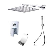 3-Ways Chrome Shower System, Concealed Wall Mounted Shower Combo Set with Hand Shower, Rainfall Shower Head, Waterfall Tub Faucet,12inch