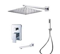 3-Ways Square Shower System, Concealed Wall Mounted Shower Combo Set with Hand Shower, Rainfall Shower Head, Tub Faucet,12inch