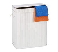 3 x Cestos Ropa Sucia Rectangulares con 2 Compartimentos, Cubo Colada, Canasta con Tapa, Bambú, 95 L, Blanco