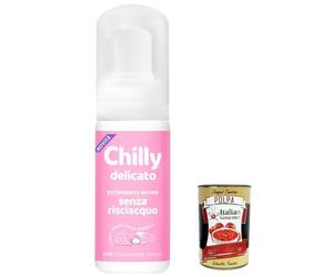 3 x Chilly Senza Risciacquo Delicato Limpiador íntimo sin enjuague, para uso fuera de casa en papel higiénico, fórmula pH5 Mousse, 100 ml + Polpa italiana Gourmet 400 g