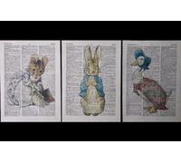 3 x Impresiones Vintage diccionario página pared arte imágenes Peter Rabbit de Beatrix Potter Jemima