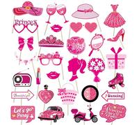 30 accesorios para cabina de fotos de fiesta de Barbie, accesorios para cabina de fotos de selfie, suministros de fiesta de cumpleaños de princesa rosa intenso, accesorios de fotos de fiesta de