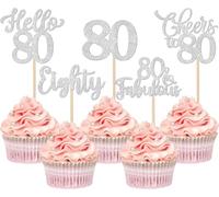 30 adornos para tartas de 80 cumpleaños con purpurina, 80 alegres a 80 cupcakes, 80 y fabulosos adornos para tartas de 80 cumpleaños, aniversario, fiesta, decoración de tartas, color plateado