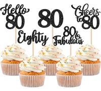 30 adornos para tartas de 80 cumpleaños con purpurina, 80 alegres a 80 cupcakes, 80 y fabulosos adornos para tartas de 80 cumpleaños, aniversario, fiesta, decoración de tartas, color negro