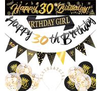 30 Años Decoración Cumpleaños, 30 Cumpleaños Corona y Arnés de Hombro de 30 Cumpleaños Fabulosa Corona de Oro Negro Globos y Banner, Regalo De 30 Cumpleaños, Suministros de Decoración de Fiesta (C)