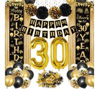 30 Años Decoración para Hombres y Mujeres - Pancarta Oro Negro, Globos, Cartel Feliz Cumpleaños - Fiesta para Ambos Géneros