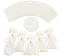 30 bolsas de yute para peladillas, bomboneras, para bodas, bomboneras de nacimiento, con velos de tul y organza cinta de raso, para comunión, bautizo, nacimiento, boda (8 x 10 cm), color beige