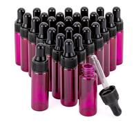 30 botellas de aceite esencial de cabeza de plástico negro de 5 ml con gotero de cristal rosa con goteros de cristal cónicos y anillo de plástico negro, aceite esencial, tratamiento.