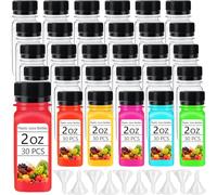 30 botellas de chupito pequeñas de plástico de 2 onzas con tapas, recipientes de jugo transparentes reutilizables, recipientes de plástico vacíos con 10 embudos para chupitos de jengibre, líquidos