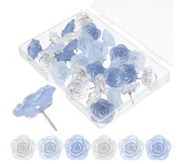 30 chinchetas decorativas con caja de almacenamiento, tachuelas florales azules transparentes para pared, tablón de anuncios, suministros de oficina