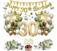 30 decoraciones de cumpleaños para mujer, color verde salvia, decoración para 30 cumpleaños, globos verdes, blancos y dorados, juego con número XXL 30, pancarta de feliz cumpleaños, banderas