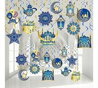 30 Decoraciones de Ramadán Mubarak Remolino Colgante de Eid al-Fitr Dorado Brillante Serpentina de Lámina de Techo de Linterna de Luna Estrella para Fiesta Egipcia (Azul y Oro)