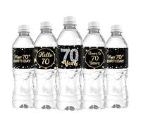 30 etiquetas para botella de agua con texto en inglés "Happy 70th Birthday" con texto en inglés "Cheers to 70 Years Stickers for 70th Wedding Anniversary Party Labels Sign Black