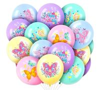 30 globos de mariposa de 30 cm, globos de 30 cm, globos de decoración de cumpleaños con diseño de macaron pastel con feliz cumpleaños, 5 diseños de globos de látex para niñas y mujeres, decoración de